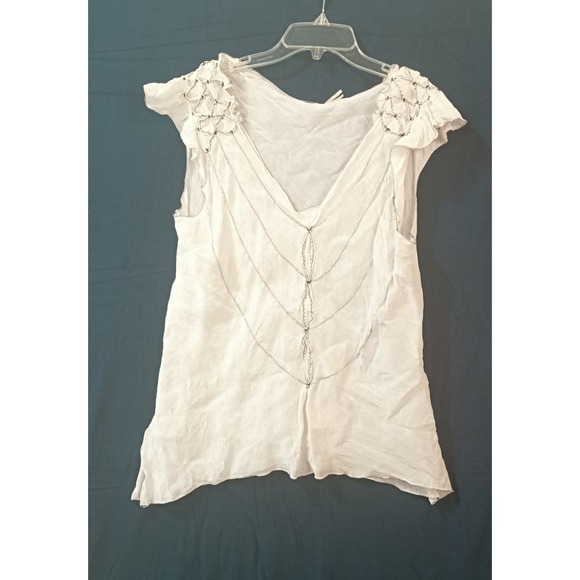 Womens White Linen Top Sleeveless V Neck Embellished Casual Blouse - Picture 1 of 2